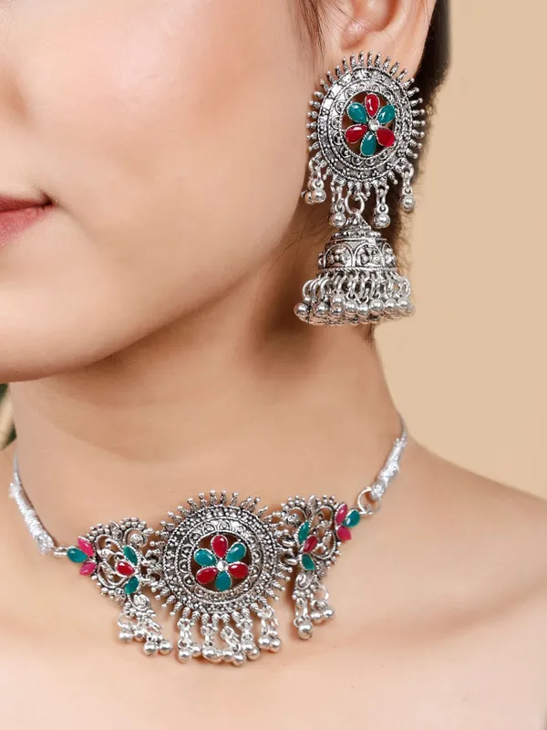Silver_&_Green_&_Maroon_Necklace_Set_for_Women_|_Premium_Oxidised_Silver_Necklace_for_Everyday_Use