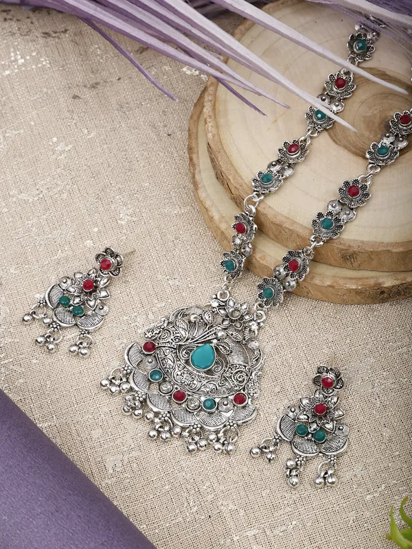 Silver_&_Green_&_Maroon_Necklace_Set_for_Women_|_Premium_Oxidised_Silver_Necklace_for_Everyday_Use