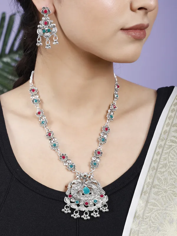 Silver_&_Green_&_Maroon_Necklace_Set_for_Women_|_Premium_Oxidised_Silver_Necklace_for_Everyday_Use