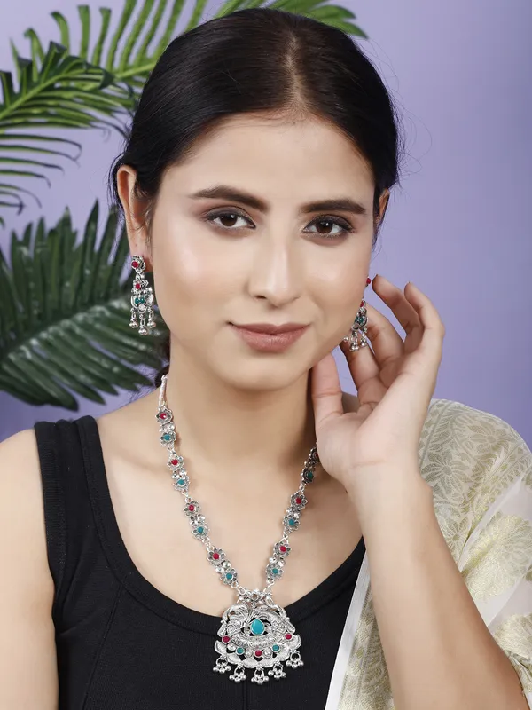 Silver_&_Green_&_Maroon_Necklace_Set_for_Women_|_Premium_Oxidised_Silver_Necklace_for_Everyday_Use