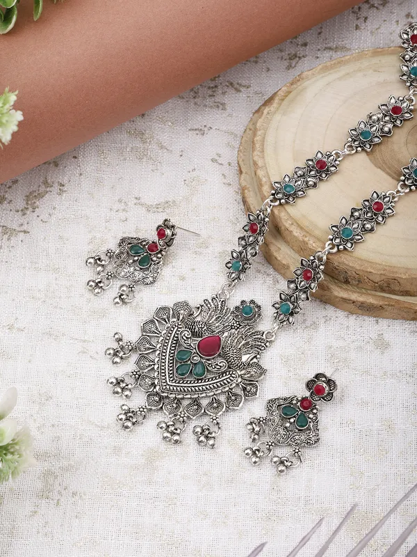 Maroon_&_Green_Necklace_Set_for_Women_|_Premium_Oxidised_Silver_Necklace_for_Everyday_Use