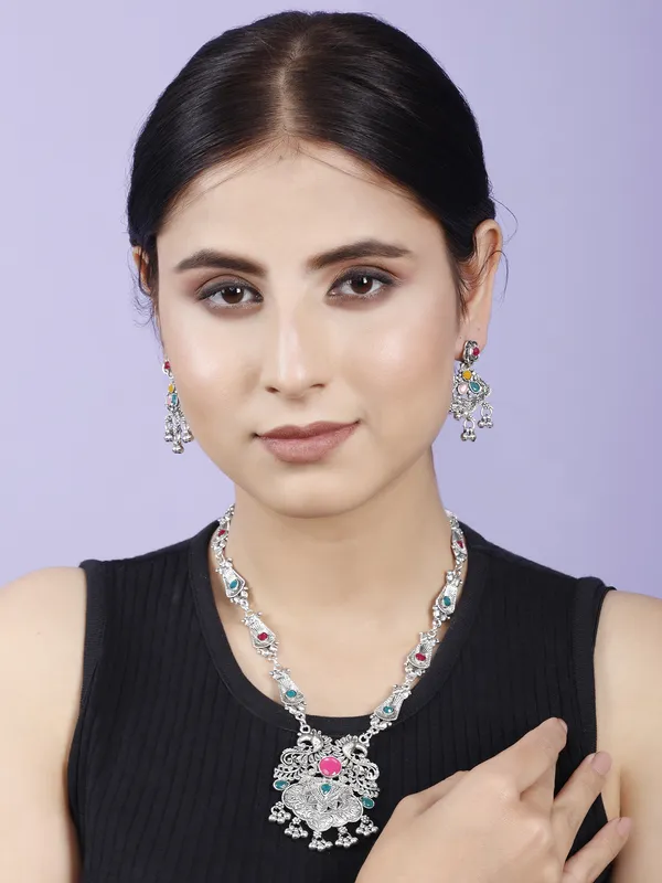 Silver_&_Green_&_Pink_Necklace_Set_for_Women_|_Premium_Oxidised_Silver_Necklace_for_Everyday_Use