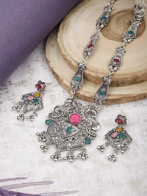 Silver_&_Green_&_Pink_Necklace_Set_for_Women_|_Premium_Oxidised_Silver_Necklace_for_Everyday_Use