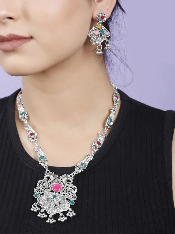 Silver_&_Green_&_Pink_Necklace_Set_for_Women_|_Premium_Oxidised_Silver_Necklace_for_Everyday_Use