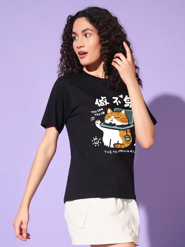 Women's_Loose_Fit_Half_Sleeve_Tshirt_typo_with_cat_graphic_print_at_front