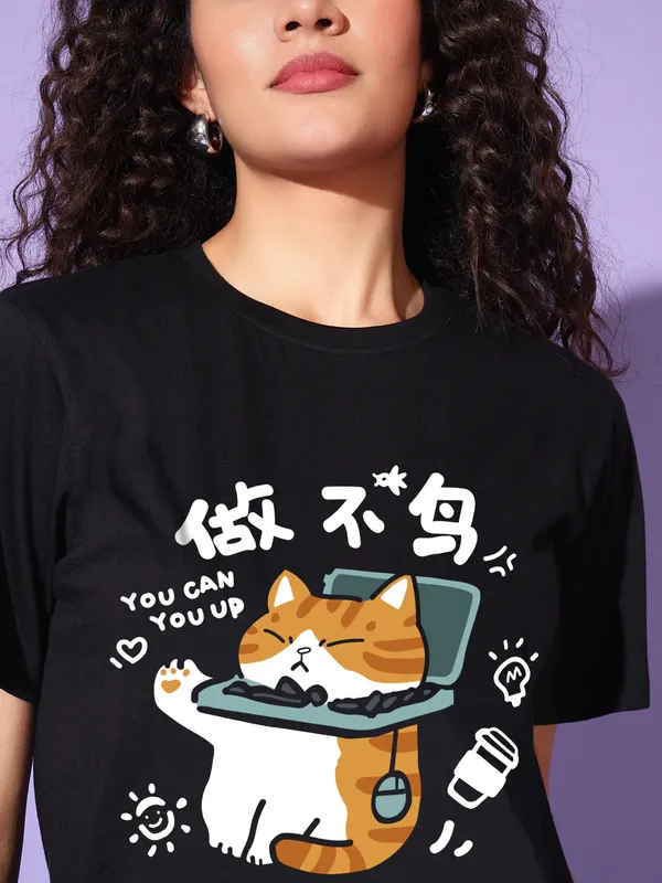 Women's_Loose_Fit_Half_Sleeve_Tshirt_typo_with_cat_graphic_print_at_front