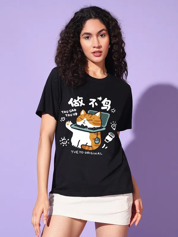 Women's_Loose_Fit_Half_Sleeve_Tshirt_typo_with_cat_graphic_print_at_front