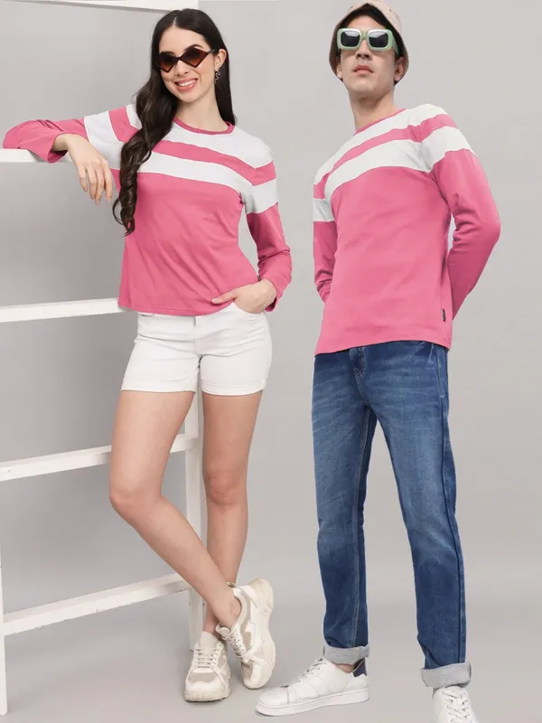 Striped_Couple_Round_Neck_Pink_T-Shirt