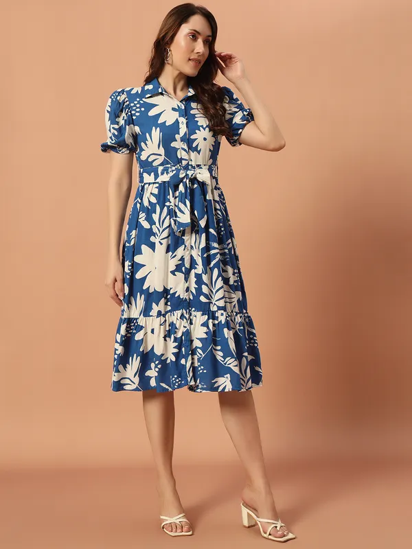 Midi_Length_Shirt_Dress_With_Short_Puff_Sleeves_&_Tie_Up_Belt_At_Waist
