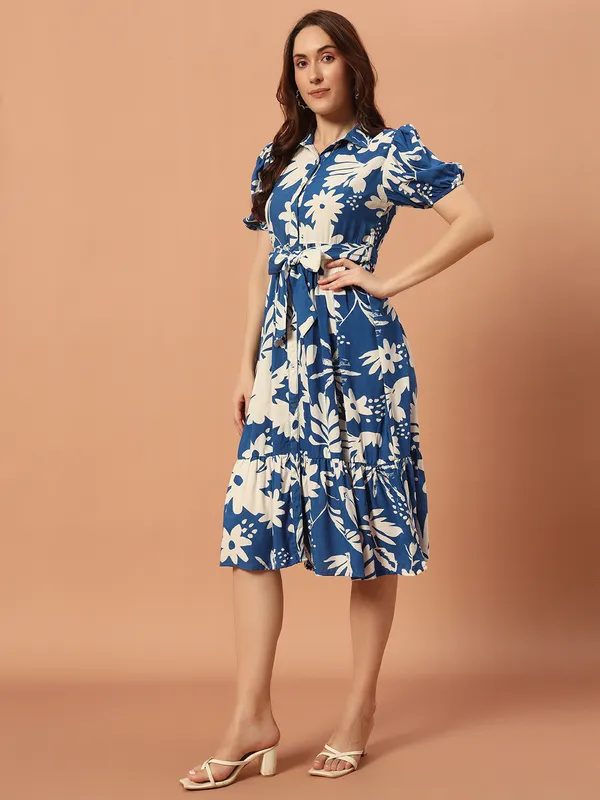 Midi_Length_Shirt_Dress_With_Short_Puff_Sleeves_&_Tie_Up_Belt_At_Waist