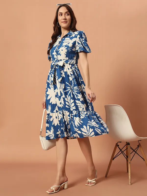 Midi_Length_Shirt_Dress_With_Short_Puff_Sleeves_&_Tie_Up_Belt_At_Waist