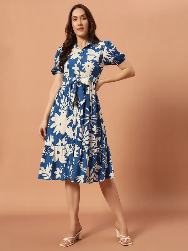 Midi_Length_Shirt_Dress_With_Short_Puff_Sleeves_&_Tie_Up_Belt_At_Waist