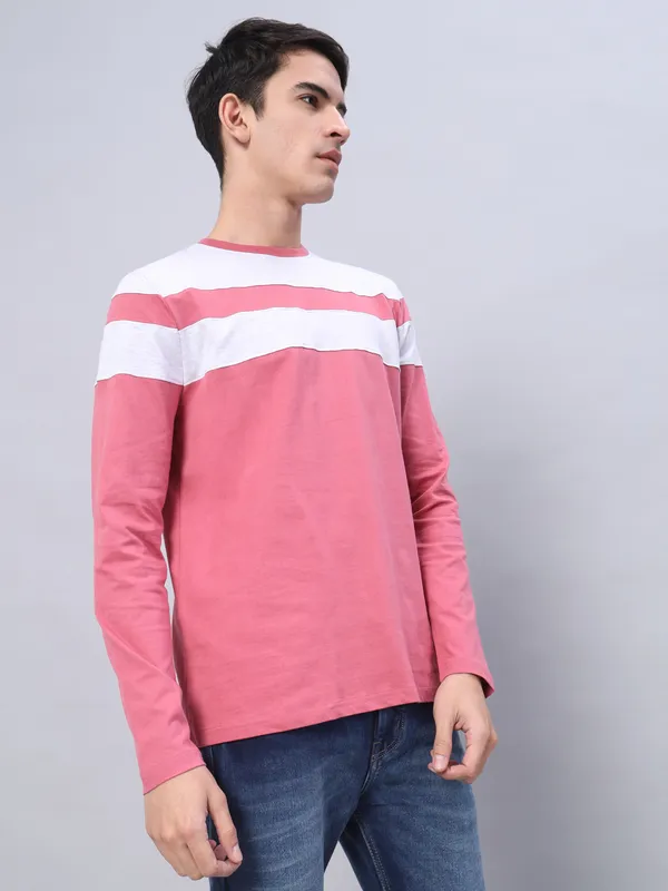 Pink_And_White_Solid_Men_Round_Neck_Pink,_White_T-Shirt