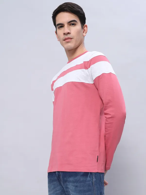 Pink_And_White_Solid_Men_Round_Neck_Pink,_White_T-Shirt