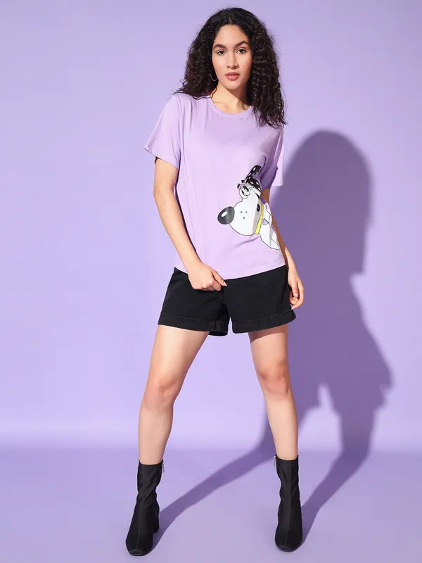 Graphic_Print___Round_Neck_Purple_T-Shirt