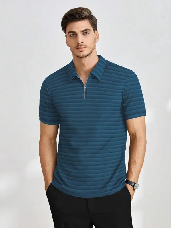 Mens_Half_Sleeve_Collared_Textured_Knit_Tshirt_With_Zipper_Neck_Details