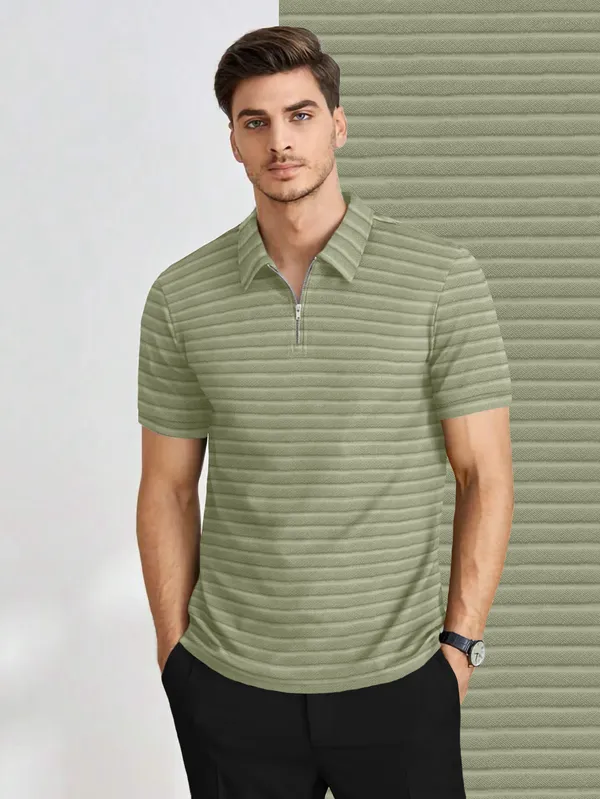 Mens_Half_Sleeve_Collared_Textured_Knit_Tshirt_With_Zipper_Neck_Details