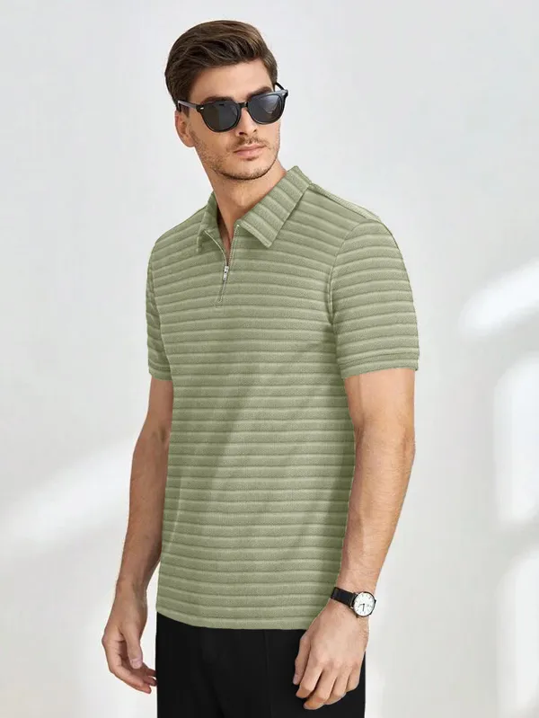 Mens_Half_Sleeve_Collared_Textured_Knit_Tshirt_With_Zipper_Neck_Details