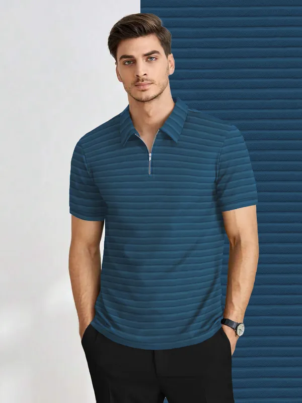 Mens_Half_Sleeve_Collared_Textured_Knit_Tshirt_With_Zipper_Neck_Details