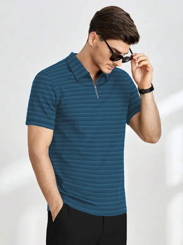 Mens_Half_Sleeve_Collared_Textured_Knit_Tshirt_With_Zipper_Neck_Details