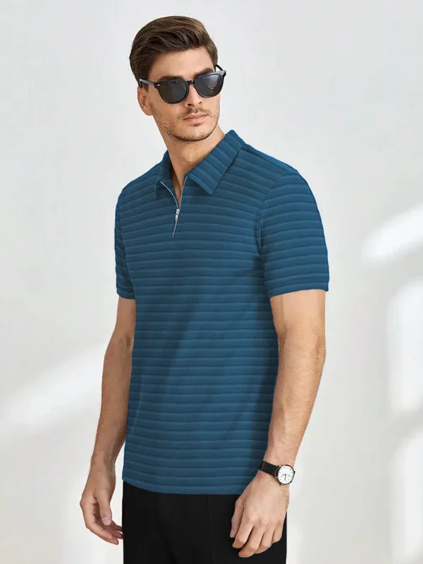 Mens_Half_Sleeve_Collared_Textured_Knit_Tshirt_With_Zipper_Neck_Details