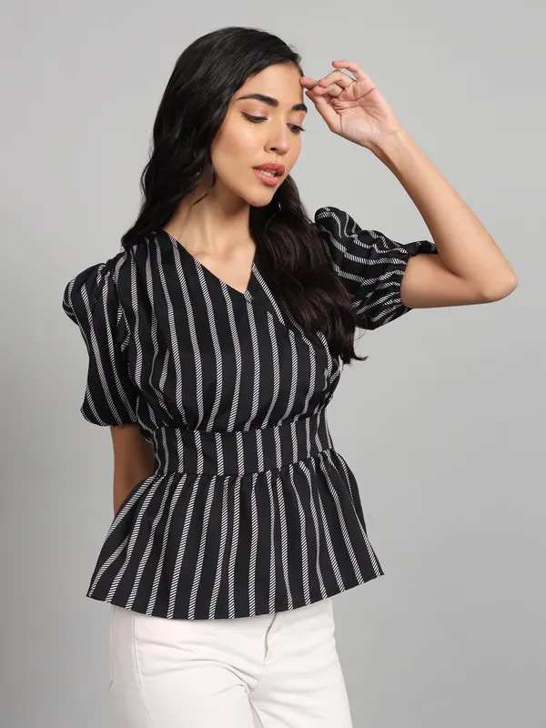 S_Black_Striped_Peplum_Top_With_Tie_Up_Details_At_Waist