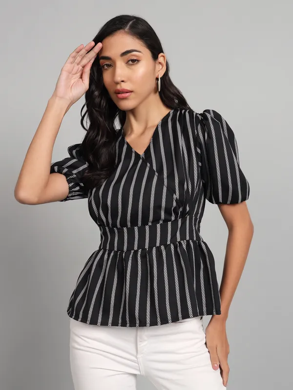 S_Black_Striped_Peplum_Top_With_Tie_Up_Details_At_Waist