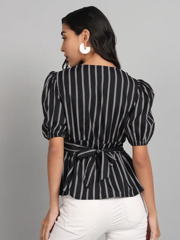 S_Black_Striped_Peplum_Top_With_Tie_Up_Details_At_Waist