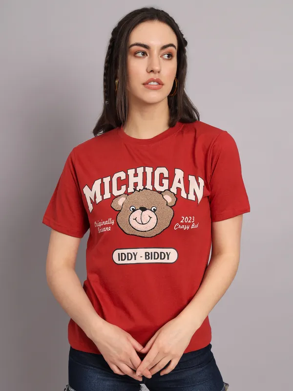 Printed___Round_Neck_Red_T-Shirt