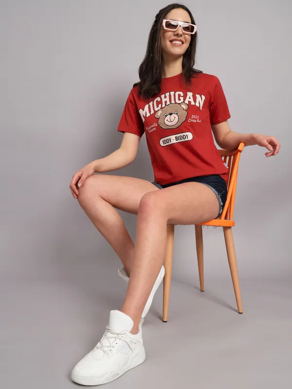 Printed___Round_Neck_Red_T-Shirt