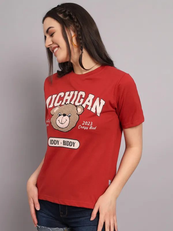 Printed___Round_Neck_Red_T-Shirt