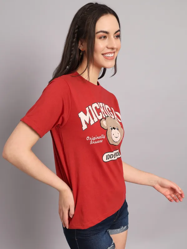 Printed___Round_Neck_Red_T-Shirt