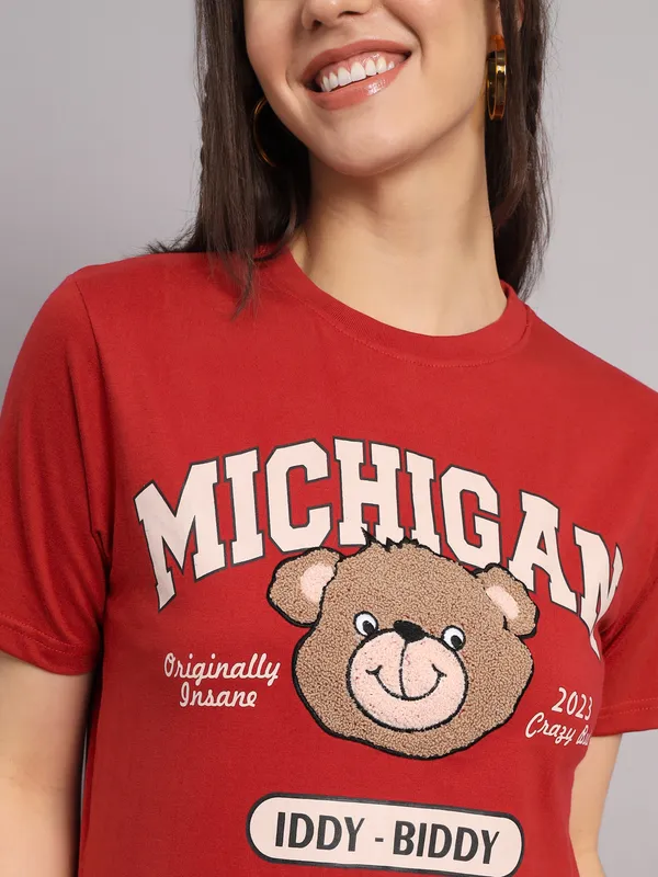 Printed___Round_Neck_Red_T-Shirt