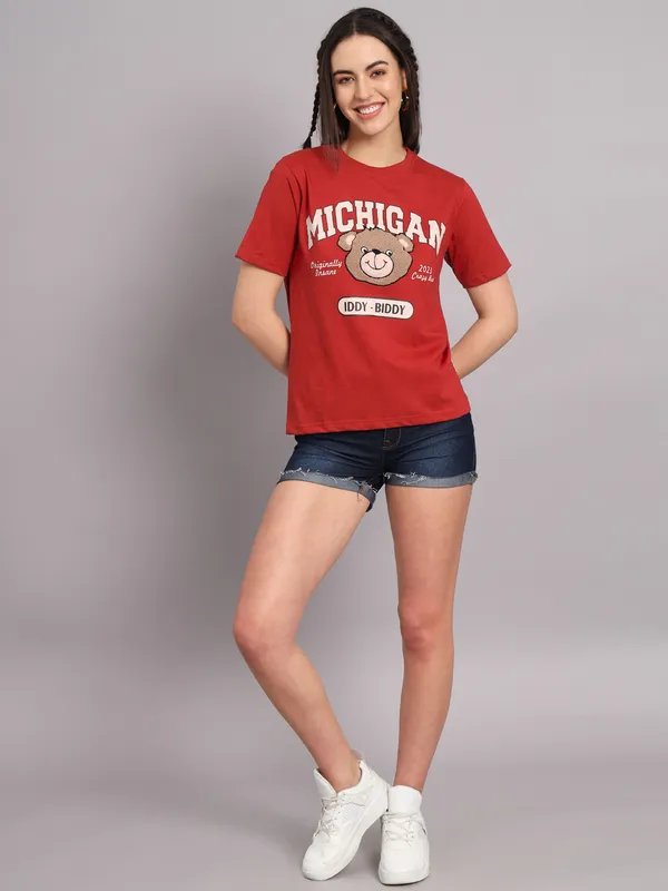 Printed___Round_Neck_Red_T-Shirt