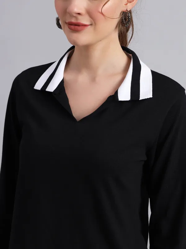 BLACK_COLLARED_FULL_SLEEVE_TSHIRT_WITH_CONTRAST_STRIPED_COLLAR_DETAILS