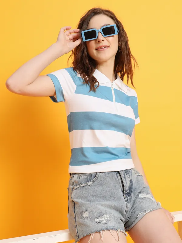 Printed___Round_Neck_White,_Light_Blue_T-Shirt