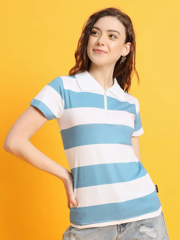 Printed___Round_Neck_White,_Light_Blue_T-Shirt