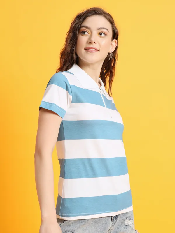 Printed___Round_Neck_White,_Light_Blue_T-Shirt