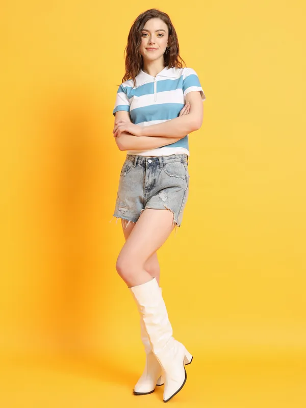 Printed___Round_Neck_White,_Light_Blue_T-Shirt