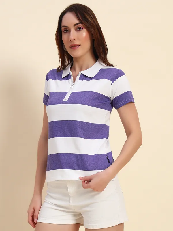 Printed___Round_Neck_White,_Purple_T-Shirt