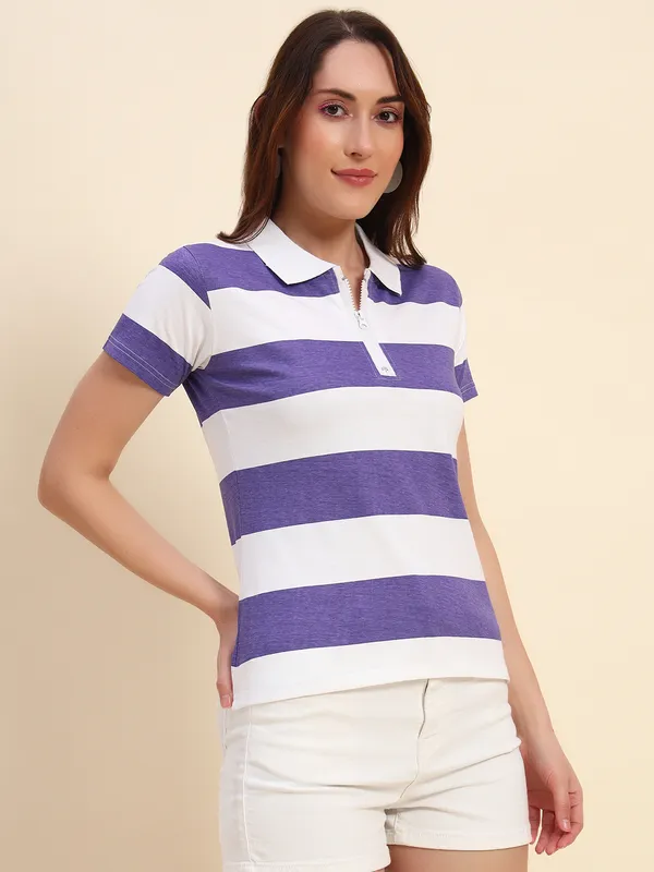 Printed___Round_Neck_White,_Purple_T-Shirt
