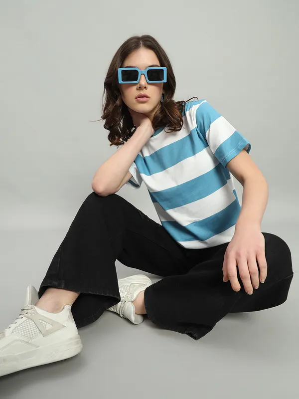 Printed___Round_Neck_Blue,_White_T-Shirt