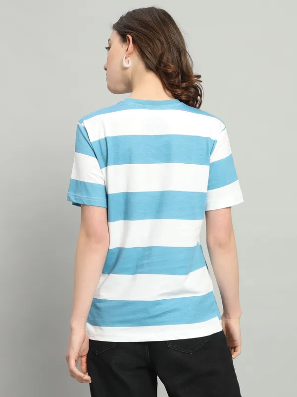 Printed___Round_Neck_Blue,_White_T-Shirt