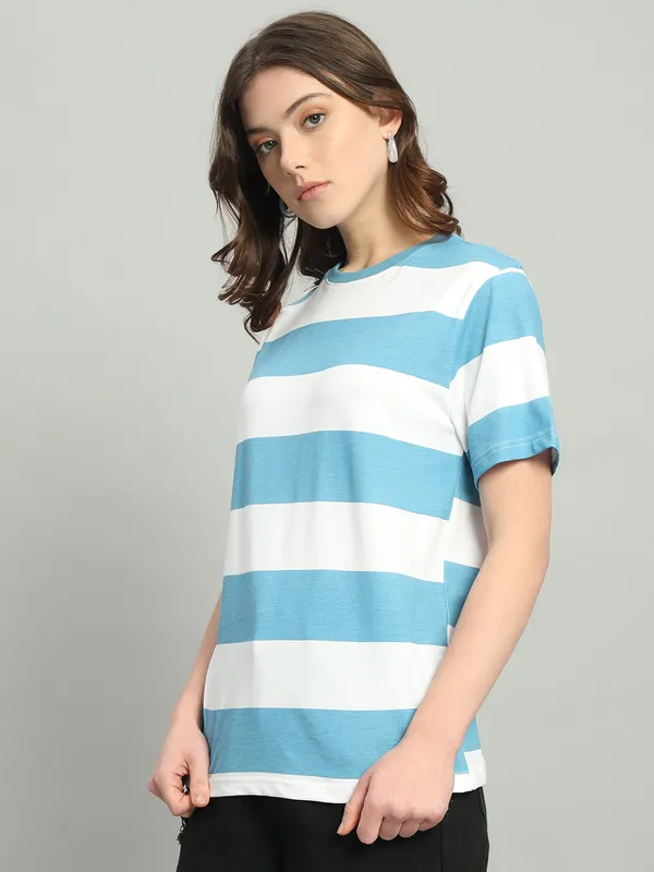 Printed___Round_Neck_Blue,_White_T-Shirt