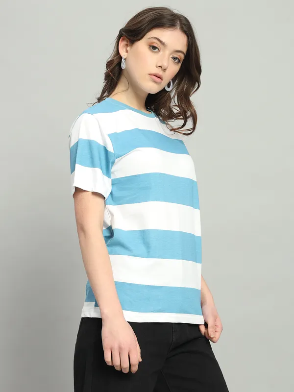 Printed___Round_Neck_Blue,_White_T-Shirt