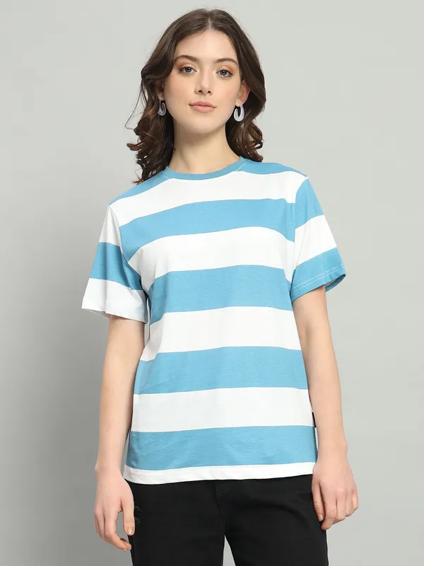Printed___Round_Neck_Blue,_White_T-Shirt