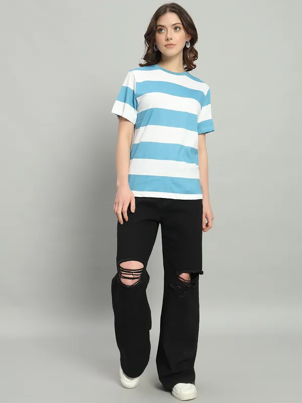 Printed___Round_Neck_Blue,_White_T-Shirt