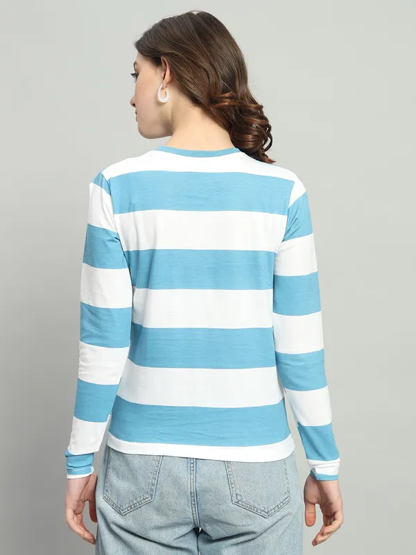 Printed___Round_Neck_Blue,_White_T-Shirt