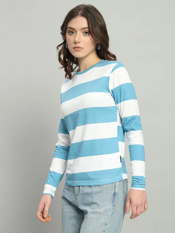 Printed___Round_Neck_Blue,_White_T-Shirt