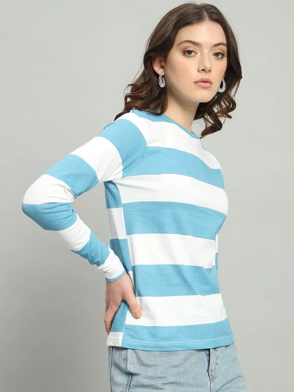 Printed___Round_Neck_Blue,_White_T-Shirt